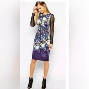 Karen Millen Size 4 Purple Geometric Stretch Fitted Dress with Mesh Sleeves NWT